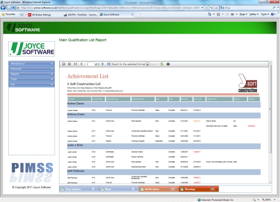 PIMSS Report screenshot