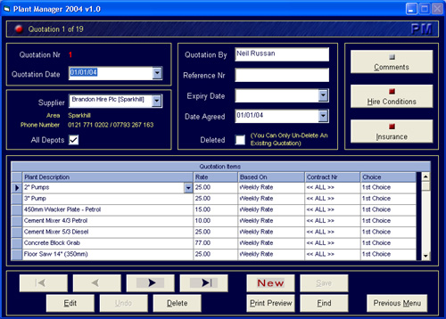 Plant Manager quotation system screenshot