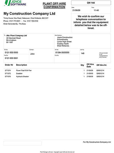 Plant Manager Plant Off Hire Report