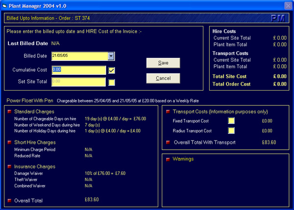 Plant Manager costing system screenshot