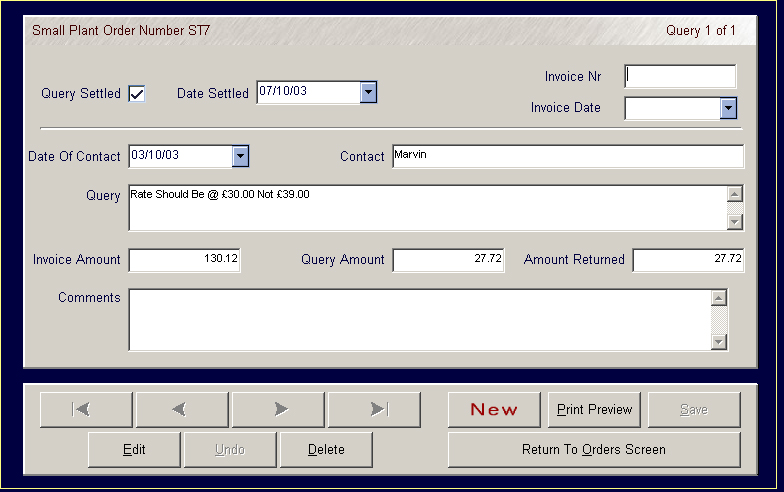 Plant Manager managing invoice queries screenshot