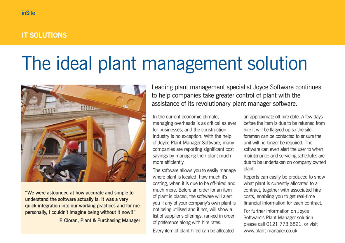 Plant Manager described as the Ideal plant management solution by Insite Magazine